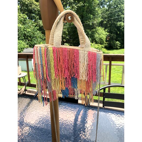 Beaded Multicolor Cream Fringe Bag Viral Beaded Statement Bag Marshall's NWT - Picture 1 of 6